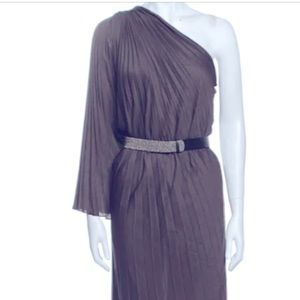 Halston Heritage light Gray, one shoulder, pleated long gown.